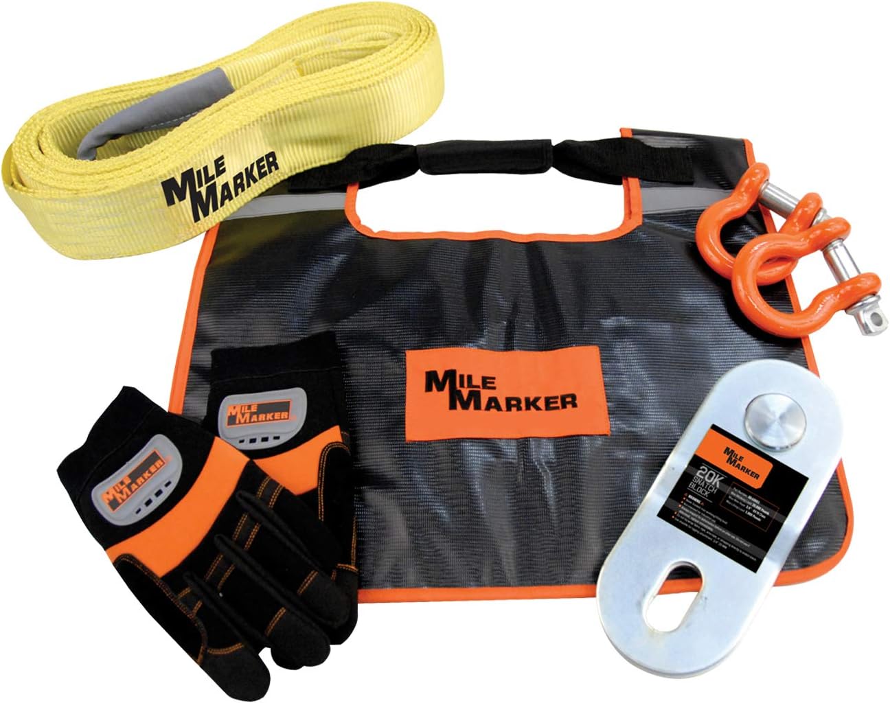 Mile Marker 19-00100 Off Road Recovery Kit - Includes Winch Dampener Bag, 15' Recovery Strap, 1 Pair of Large Gloves, 30K Snatch Block with Grease Fitting & 2 3/4" Powder Coated Shackles