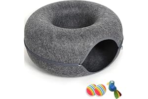 QONIMM Cat Cave for Indoor Cats, Large Cat Donut Cat Tunnel Bed, Peekaboo Cat Cave with 3 Toys, Scratch Resistant Cat Bed, for Cats up to 30 Lbs