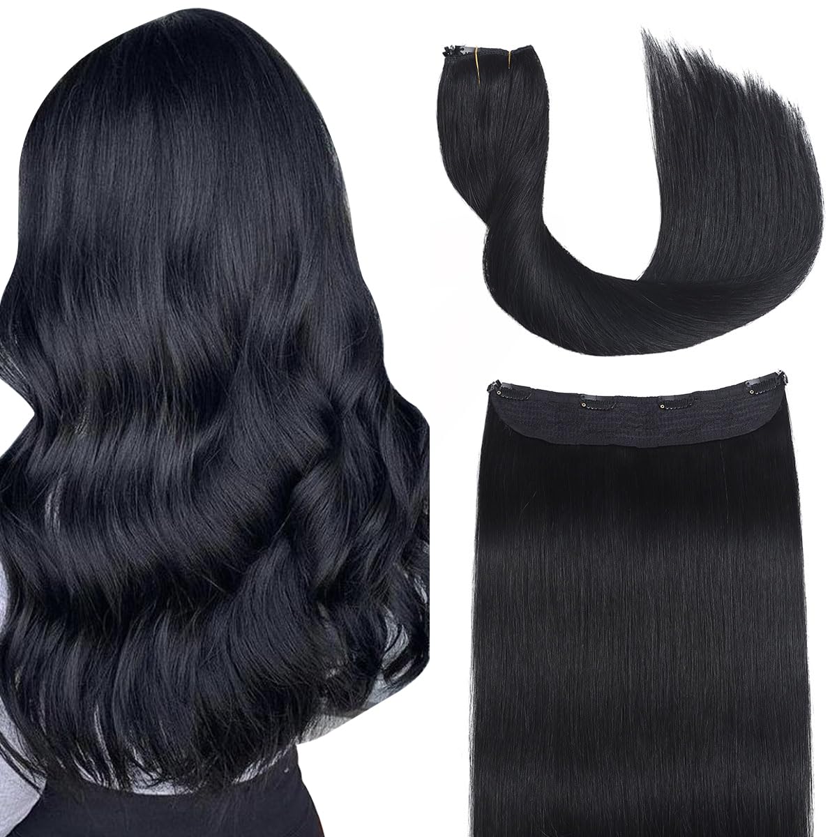 Sindra Black Wire Hair Extensions Real Human Hair 16 Inch 70g Black Wire Extensions Straight Silky Transparent Fishing Line (#1-16inch)