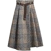 chouyatou Women's Vintage Plaid Wool Blend Midi Skirt Houndstooth A Line Wool Long Skirt with Belt