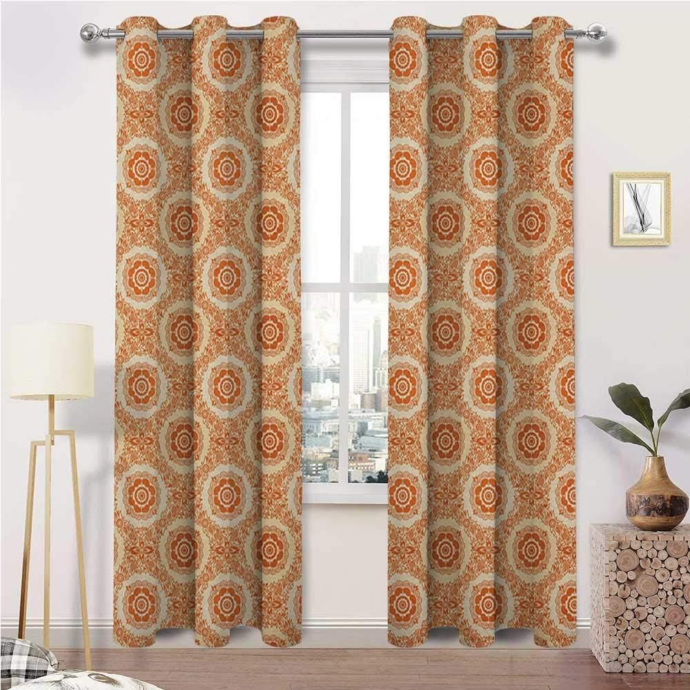 Bedroom Curtain Orange and Beige Block Out Drapes Outside Curtain Ornamental Baroque Leaves and Flowers Victorian Vintage Pattern for Bedroom Girls Room Decor 2 Grommet Top Curtain Panels, 42