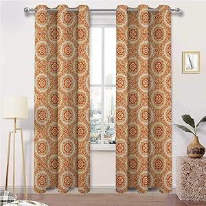 Bedroom Curtain Orange and Beige Block Out Drapes Outside Curtain Ornamental Baroque Leaves and Flowers Victorian Vintage Pattern for Bedroom Girls Room Decor 2 Grommet Top Curtain Panels, 42