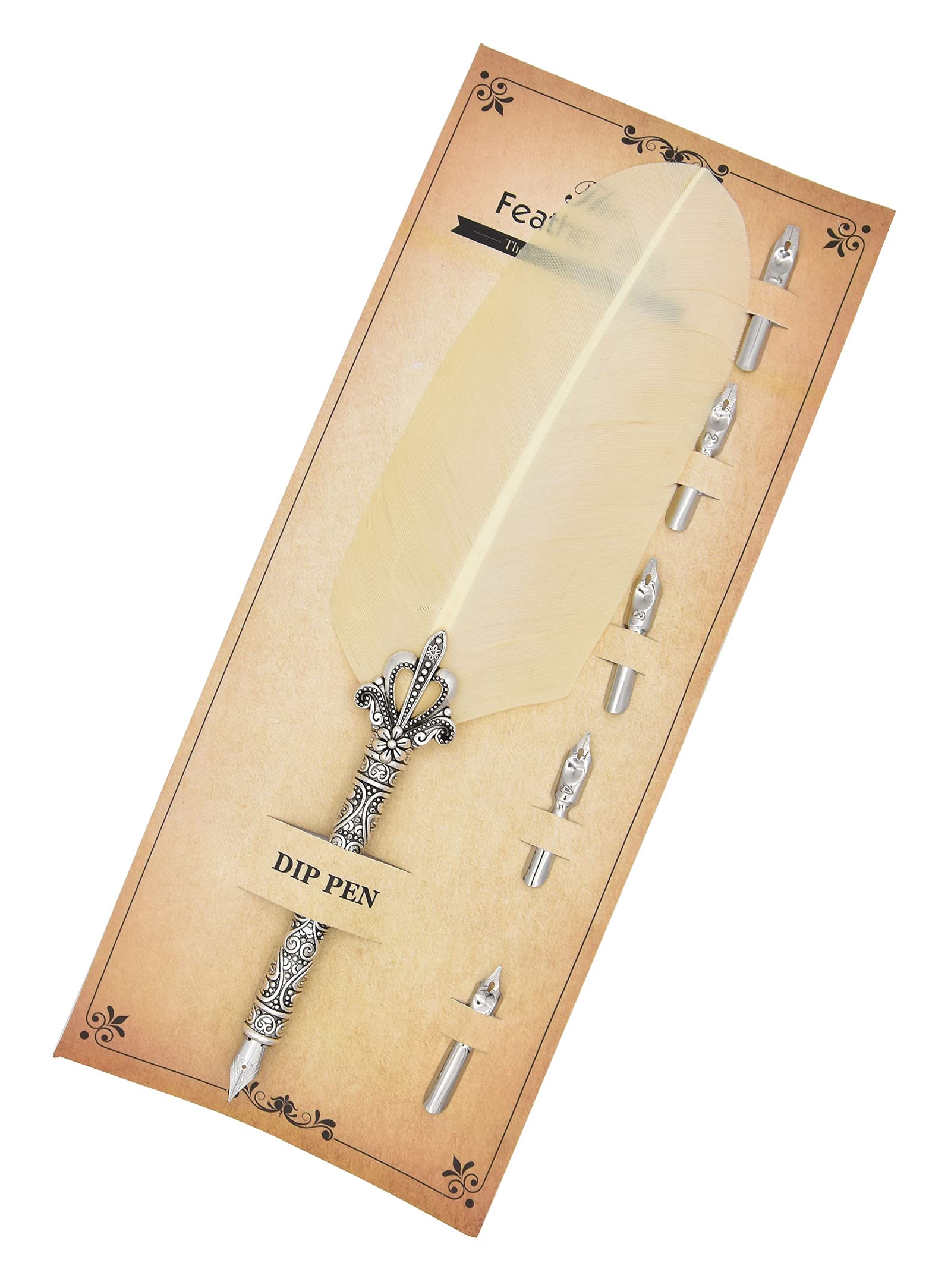 Gullor Calligraphy Feather Quill Pen and 5 Calligraphy Nibs for Beginners Kids Calligraphy Writing Quill Dip Pen Set, CreamyWhite