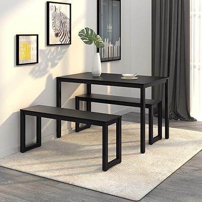 WLIVE Dining Table with 2 Benches, 3-Piece Steel Frame Set