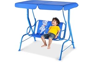 Happygrill Mini Patio Swing 2 Seats Porch Swing with Safety Belt Outdoor Lounge Chair Hammock with Canopy for Kids, Blue