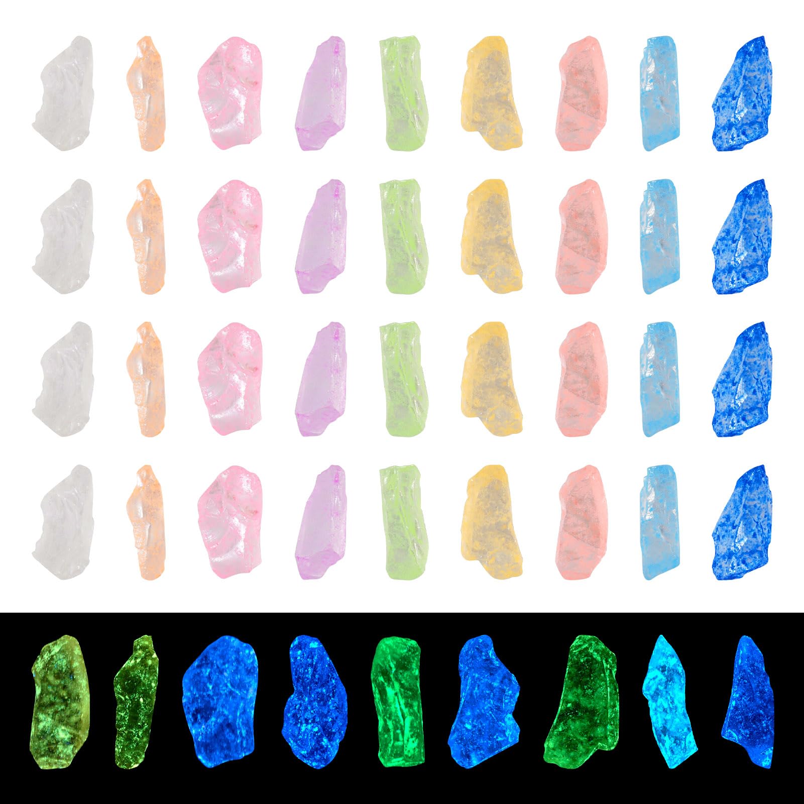 Beadthoven 90G Luminous Crushed Glass Chips Irregular Colorful Bulk Glass Chips Glow in Dark Embellishment Beads Bulk for DIY Vase Filler Garden Party Decoration