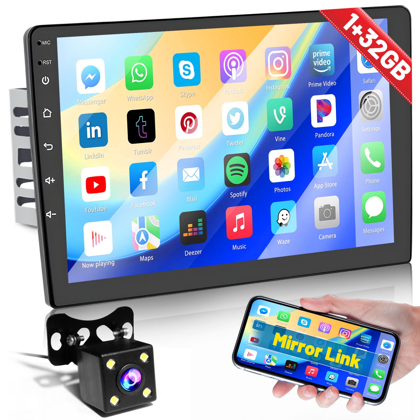 1G+32G Android Radio 10.1 Inch Double Din Car Stereo with GPS