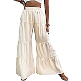 Floerns Women's Elastic High Waist Ruffle Wide Leg Pants Loose Beach Palazzo Pants
