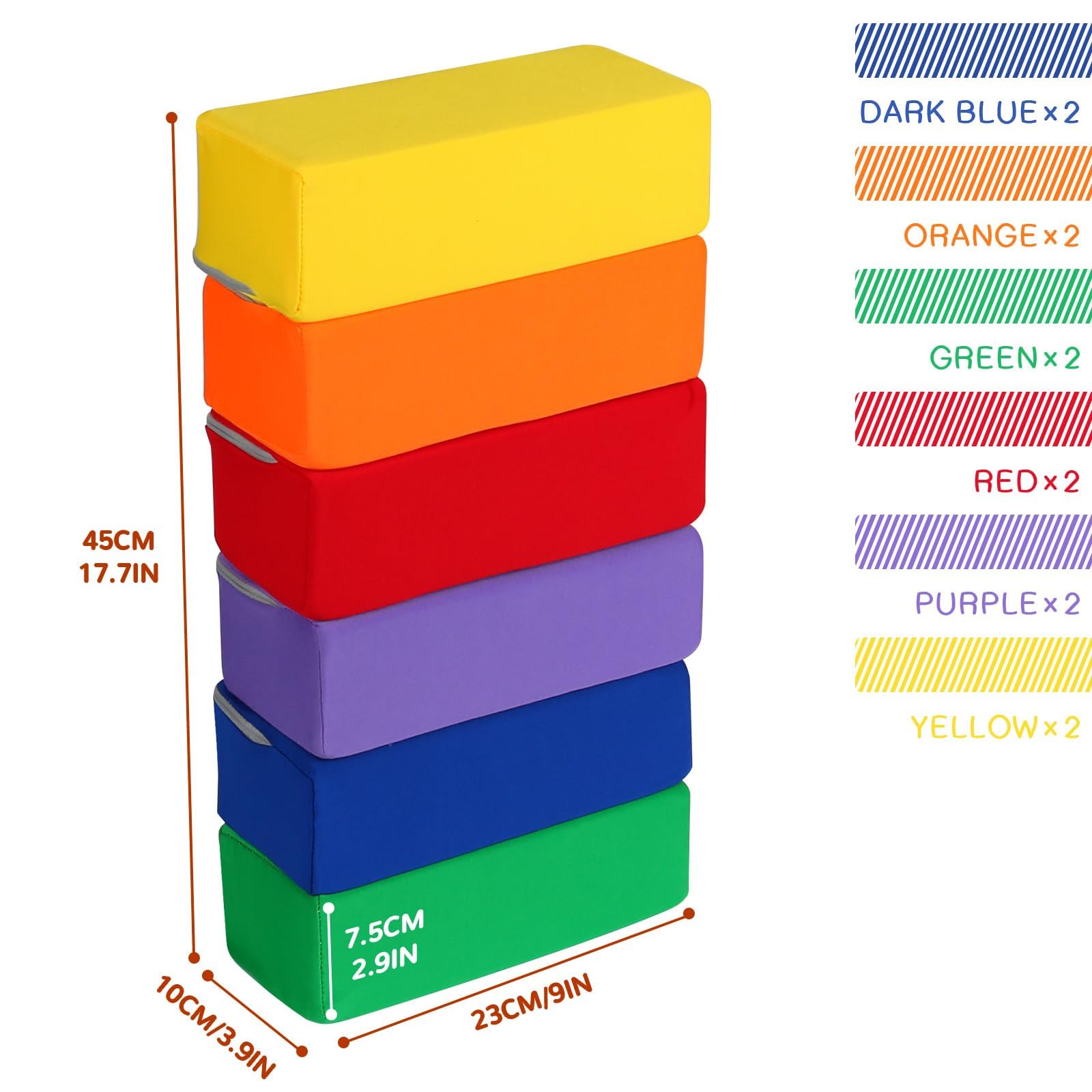 UHAPPYEE Toddler Foam Buliding Blocks - 12 Piece Fabric Covered 9x4x3inch Stacking Block Sets - Colourful Soft Play Set for Kids Idea for Building and Throwing Fun