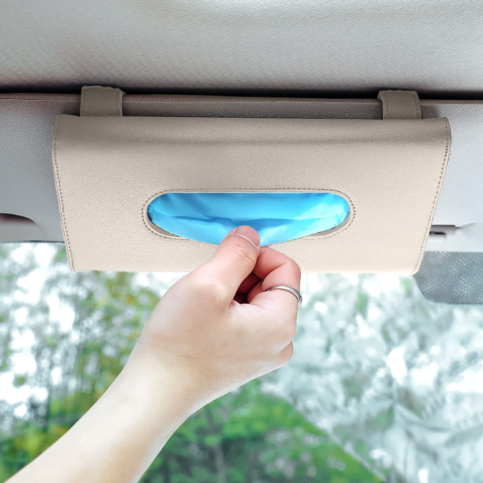 Hifrom Car Sunshade Tissue Box, Leather Car Tissue Holder, Car Sun Visor Tissue Holder Clip, Tissue Storage Containers (Beige, 1PC)