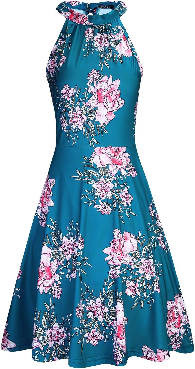 OUGES Women's Halter Neck Floral Summer Casual Sundress