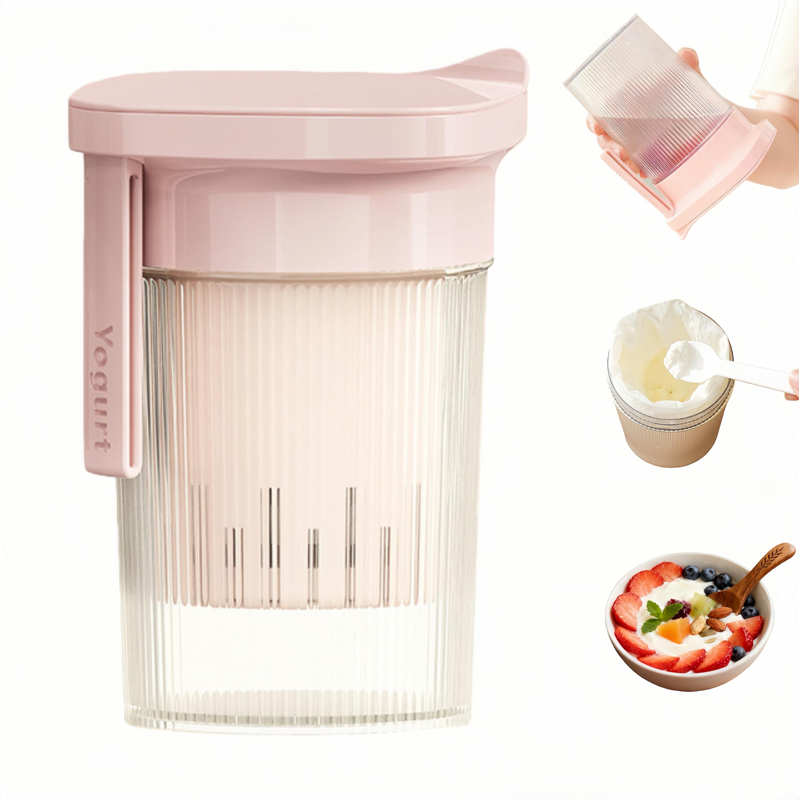 Photo 1 of 0.95 Quart?900ML?Portable Yogurt Strainer Cup, Compact Greek Yogurt Filter with Whey Separator for Cheese & Soy Milk, Leak-Proof & Easy to Carry Yogurt Maker (Pink)
