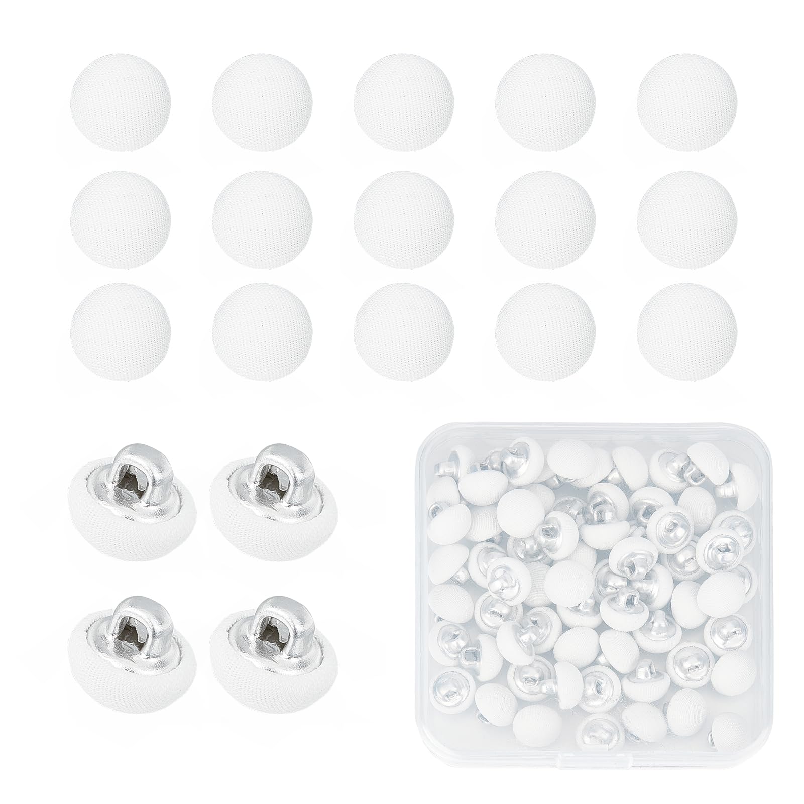 NICENEEDED 70 PCS Fabric Cloth Covered Button, 10mm White Flatback Fabric Covered Round Buttons, Metal Shank Button Tuxedo Covered Buttons Smooth Satin Buttons for Sewing DIY Crafts Making Supplies