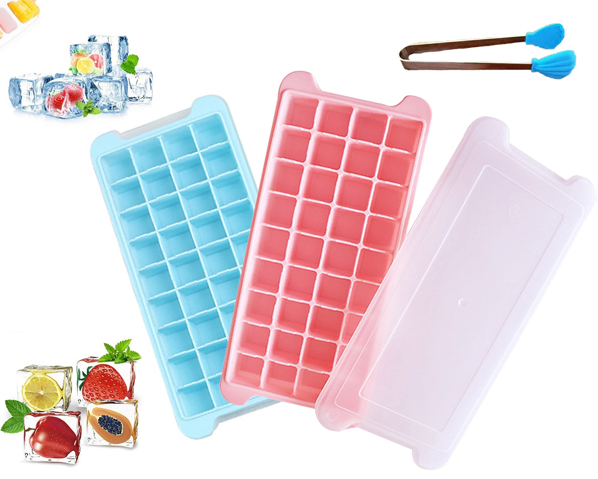 Ice cube mold, Silicone ice cube trays,Ice cube trays,Ice cube trays silicone,Ice cube moulds & trays, ice cube mold with lid.Silicone ice tray mold with 36 ice cubes(pink & light blue-2pack)