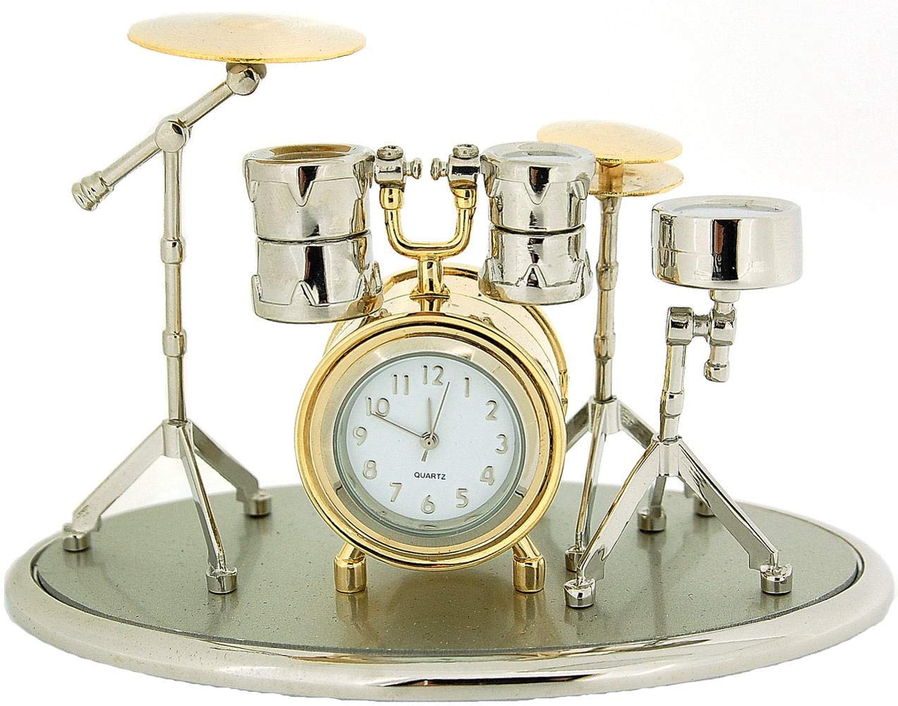 Miniature Novelty Drum Kit Silver & Goldtone Finish Collectors Clock 0470