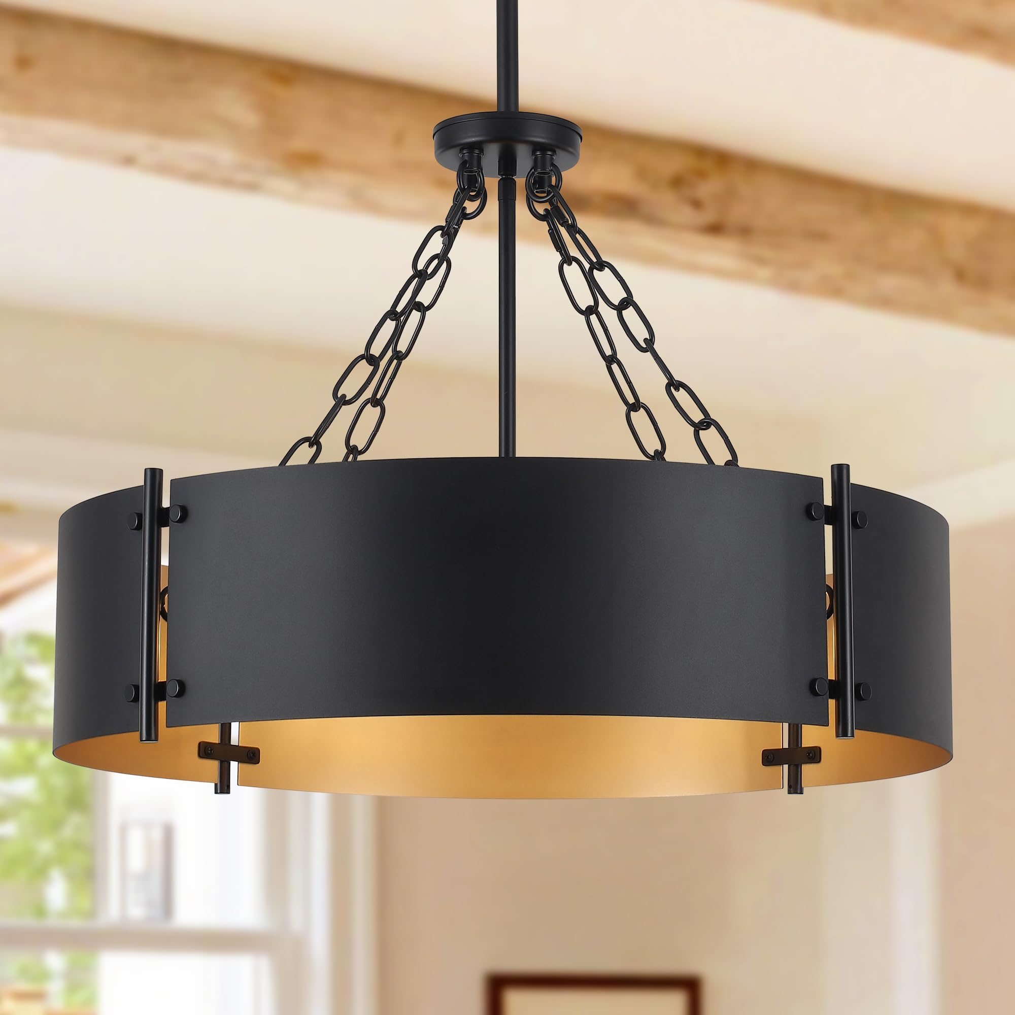Photo 1 of 23.62'' Modern Drum Chandelier 6-Light Farmhouse Black and Gold Dining Room Light Fixture Industrial Large Pendant Lighting Rustic Hanging Light Fixtures Chandeliers for Living Room Kitchen Entryway