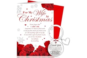 DPKOW Wife Christmas Card Keyring Set, Red Rose Christmas Card for Wife Christmas Xmas Gifts, Romantic Christmas Greeting Car