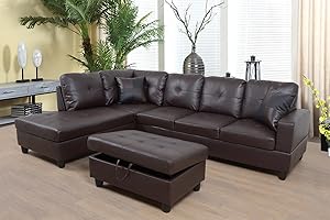 SIENWIEY Brown Leather Sectional Couch for Living Room Set,Sectional Sofa L Shape Couch with Storage Ottoman/Brown Faux Leather/Facing Left Chaise