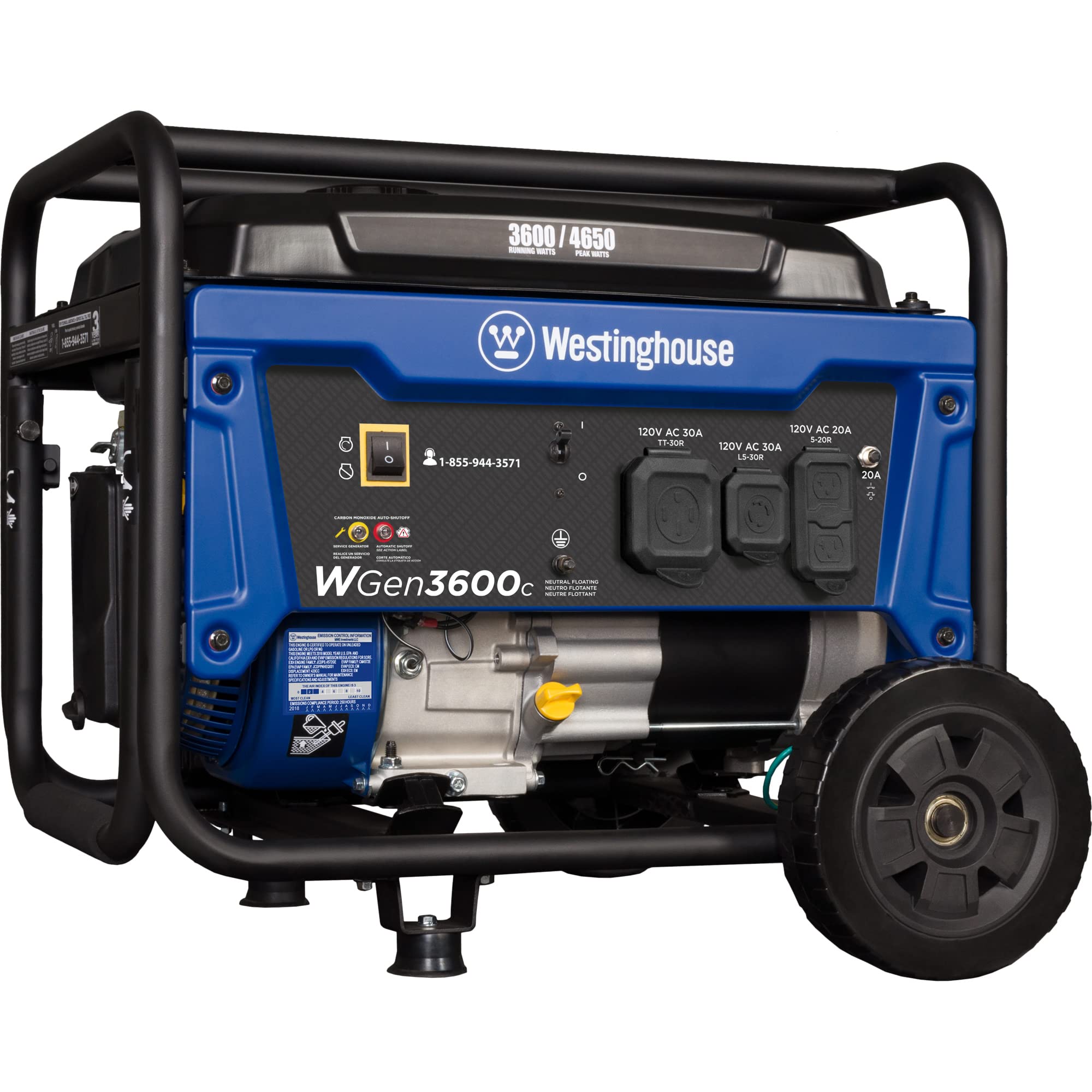 Photo 1 of Westinghouse 4650 Peak Watt Portable Generator, RV Ready 30A Outlet, Wheel & Handle Kit, Gas Powered, CO Sensor