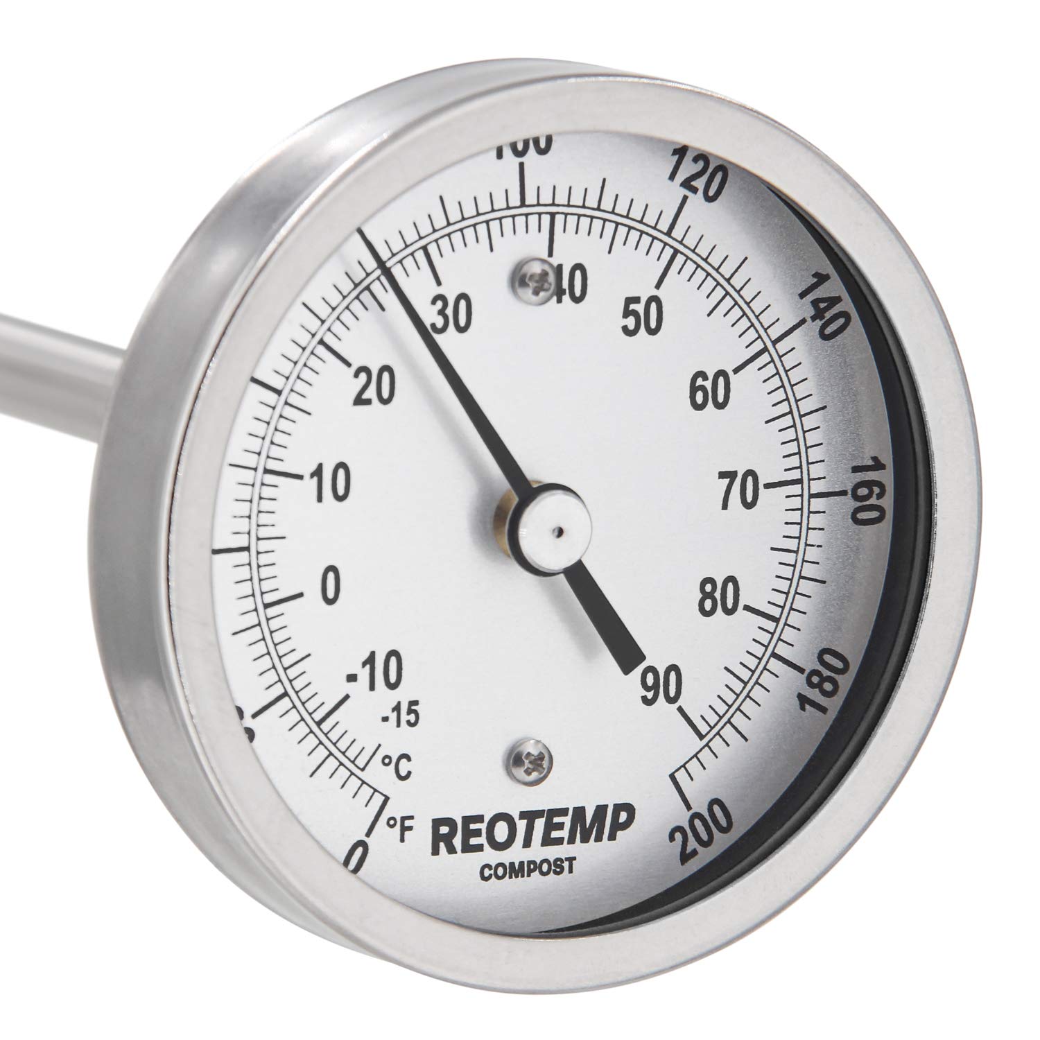Termómetro de compost resistente REOTEMP - Fahrenheit y Celsius (vástago de 24 pulgadas), fabricado en los EE. UU.