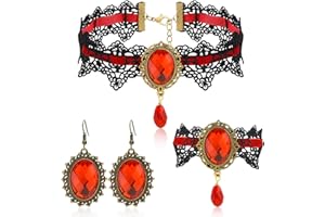 HISATAN Gothic Choker Necklace Halloween Jewelry Set for Women, Red/Black Choker Goth Lace Witch Costume Jewelry, Witchy Vampire Masquerade Steampunk Victorian Lolita Renaissance Costume Accessories for Woman