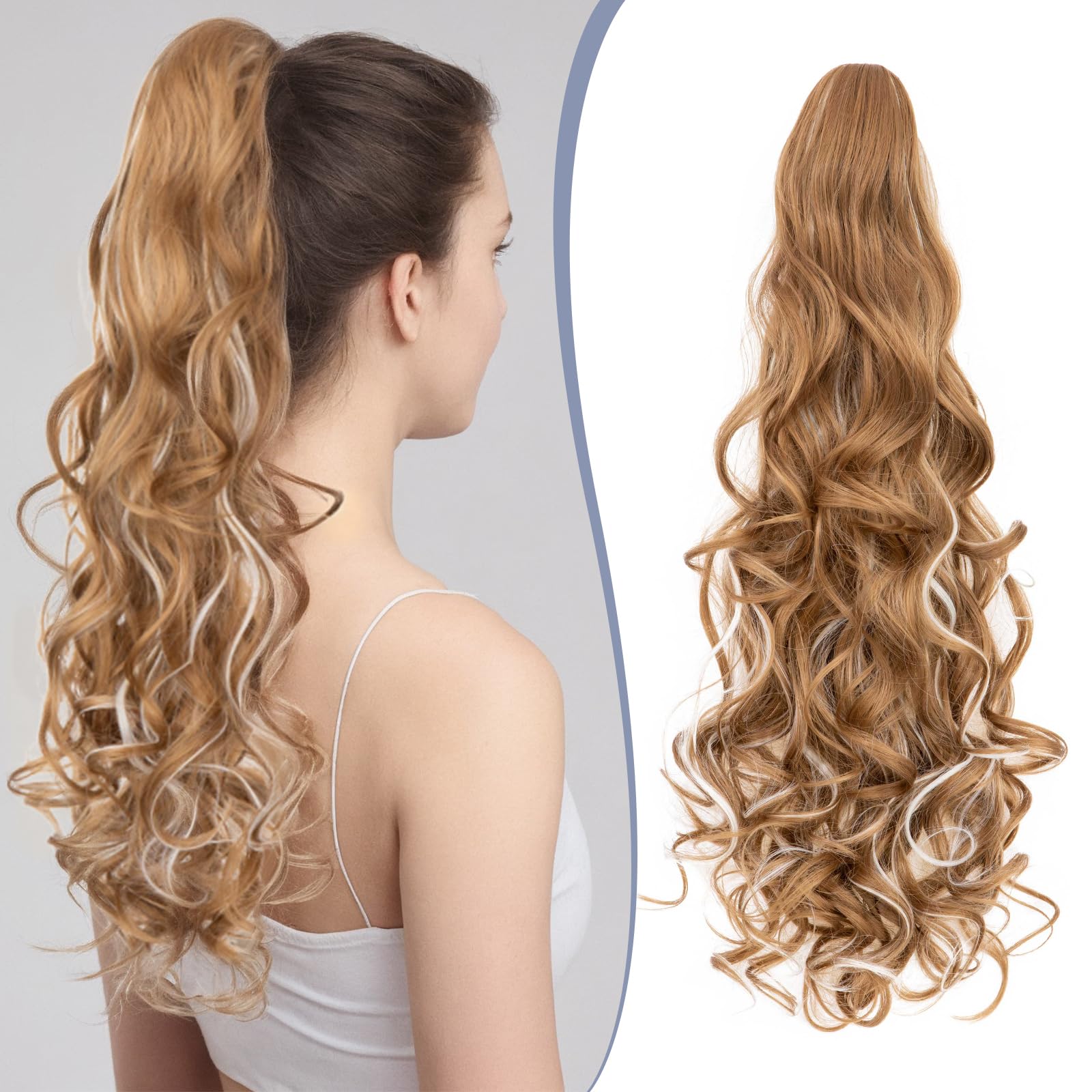TESS 24'' Curly Ponytail Extensions, 210g Claw in Long Ponytail Extension, Hair Pieces for Women, Light Auburn With Beige Highlighted — image 1