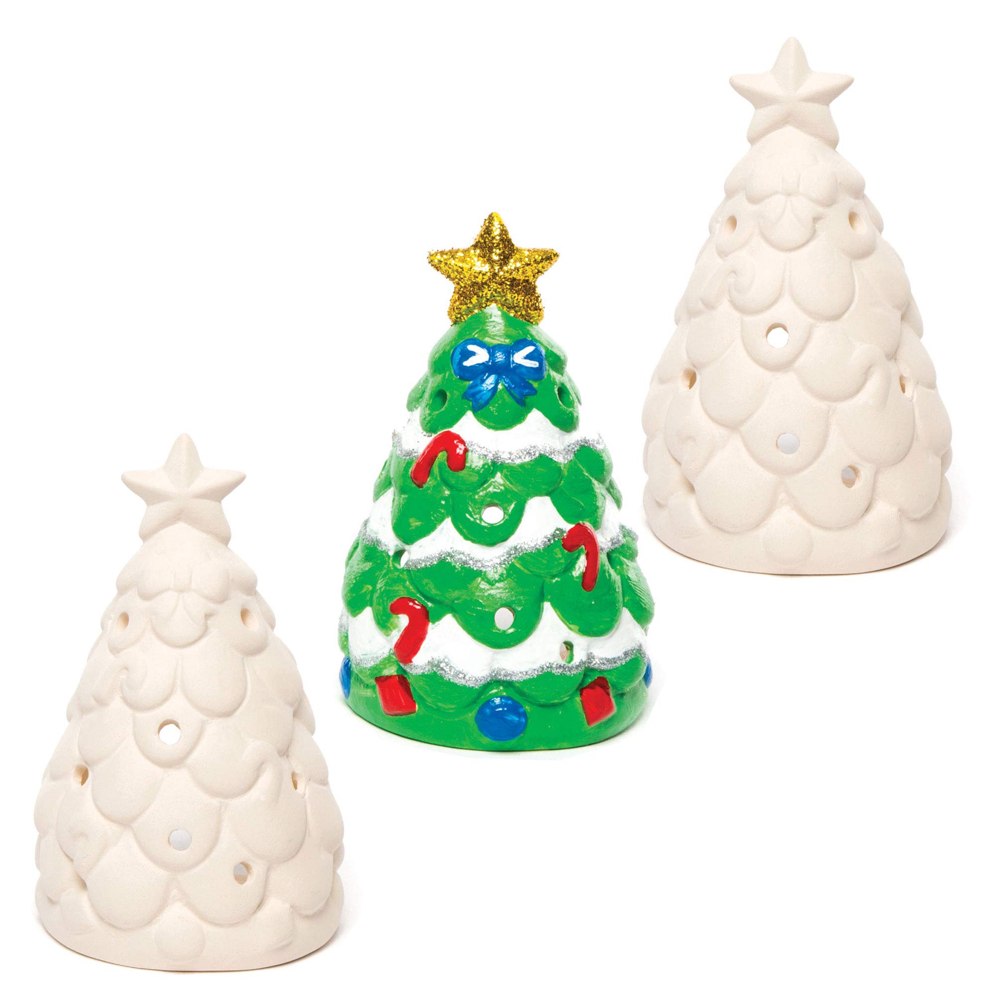 Baker Ross AC3262 Christmas Tree Ceramic Tealight Holders — Ideal for Kids' Arts and Crafts, Gifts, Keepsakes and More (Pack of 3), Assorted
