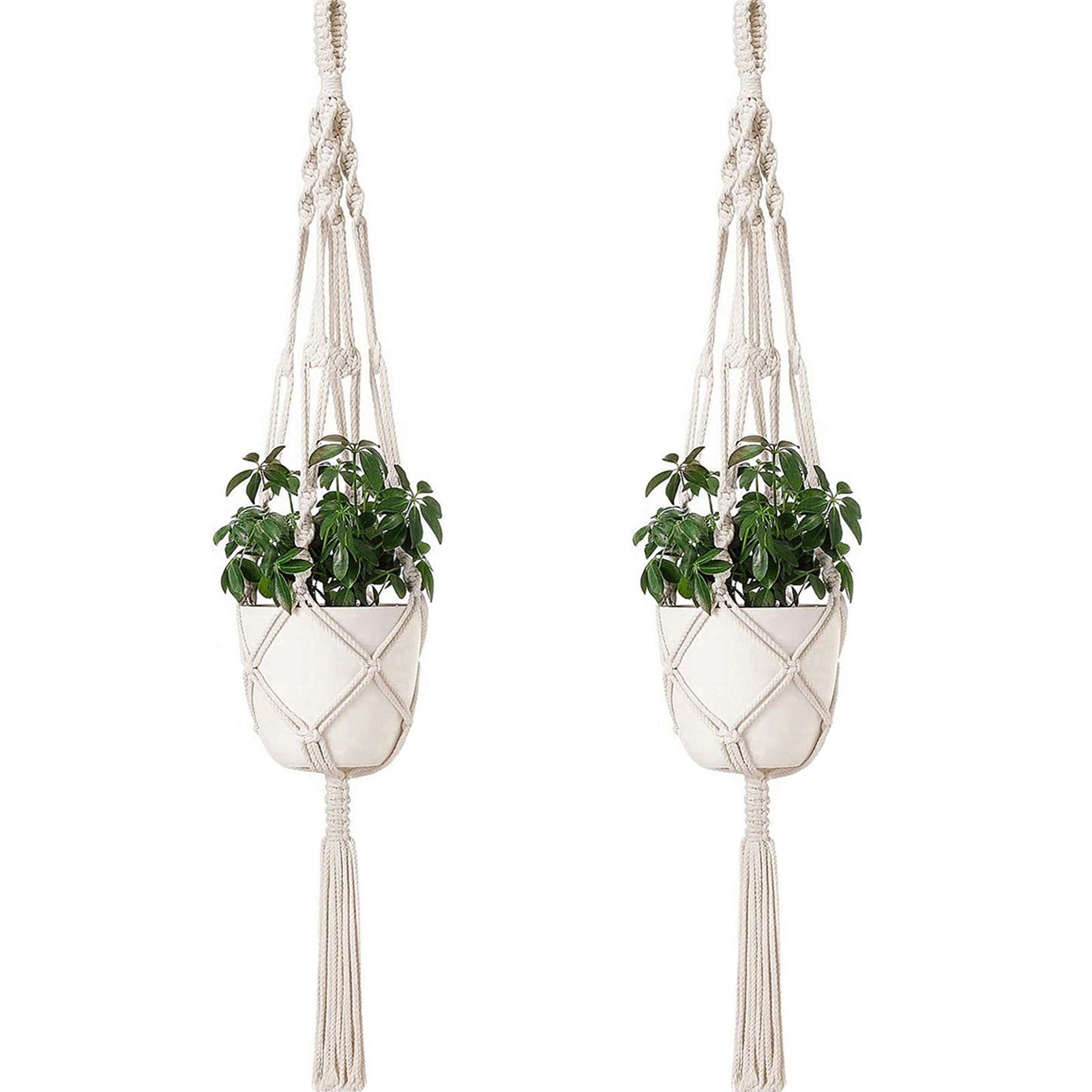 Sixyotie Macrame Plant Hangers 4 Legs Indoor Hanging Planter Basket Handmade Hanging Plant Holder Flower Pot Holder for Decorations - Cotton Rope (2 Packs)