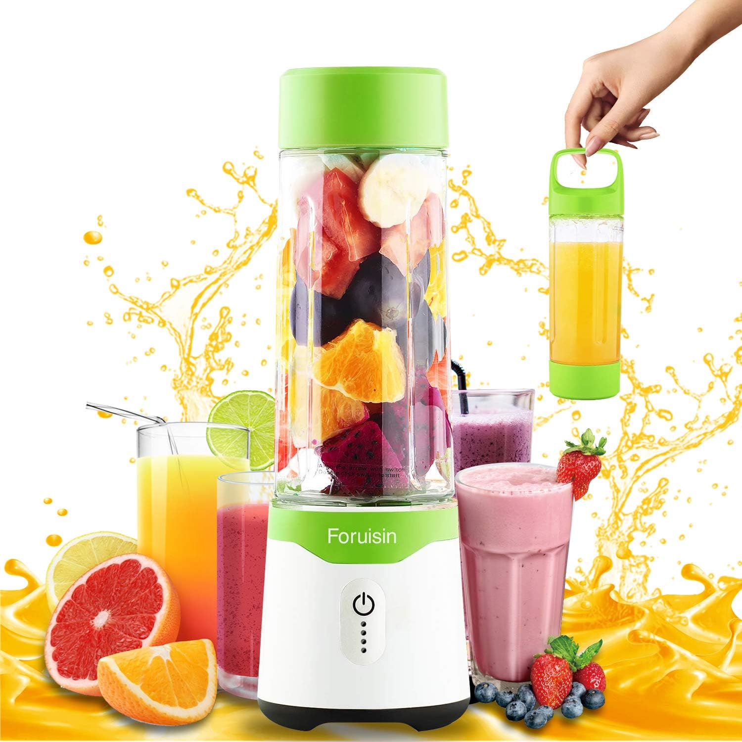 Foruisin Portable Personal Blender, Household Juicer Fruit Shake Mixer -Six Blades, 380ml Baby Cooking Machine with USB Charger Cable (Cyan-3)