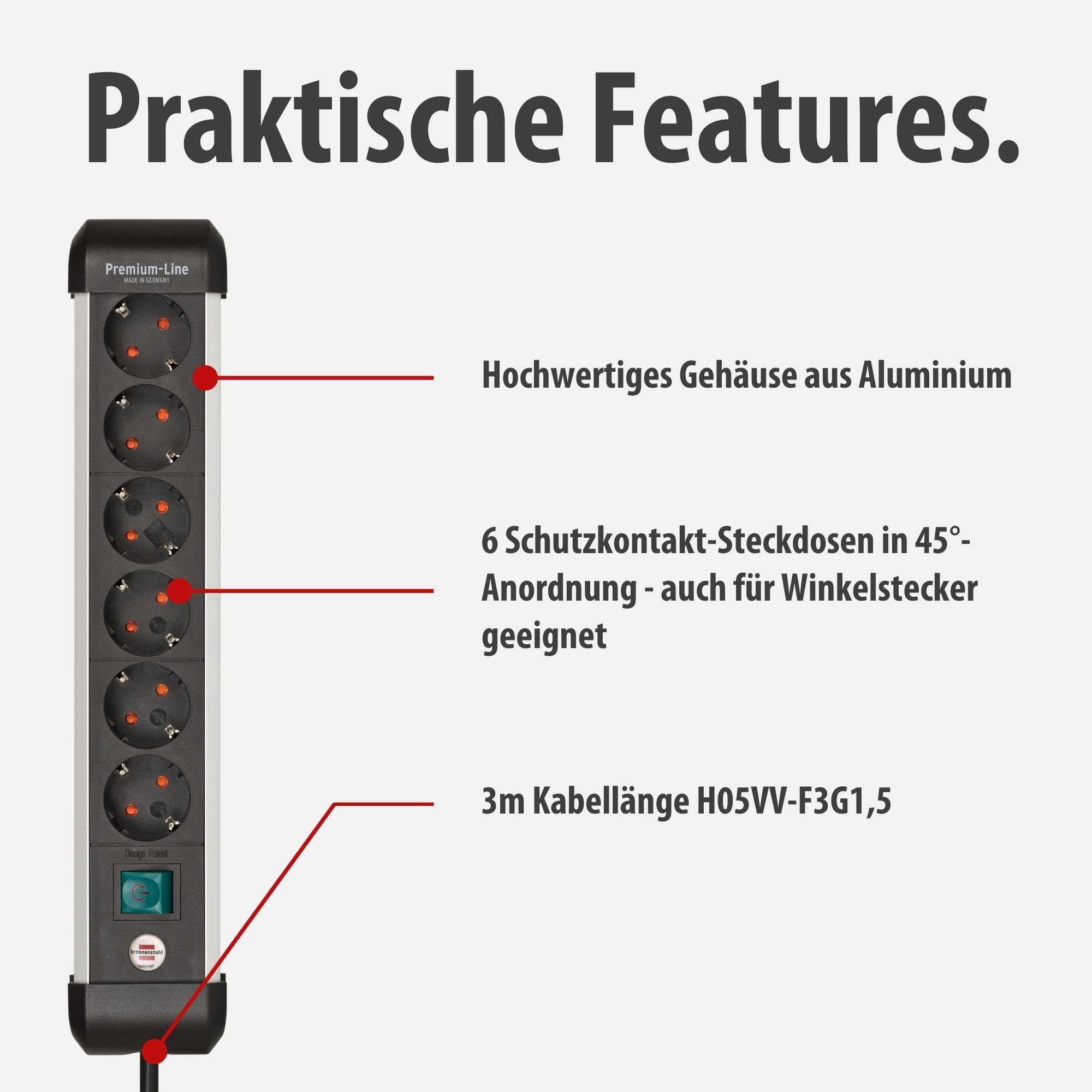 Brennenstuhl Premium-Alu-Line Steckdosenleiste 6-Fach/Steckerleiste aus hochwertigem Aluminium (Mehrfachsteckdose mit Schalter und 3m Kabel, Made in Germany) 3