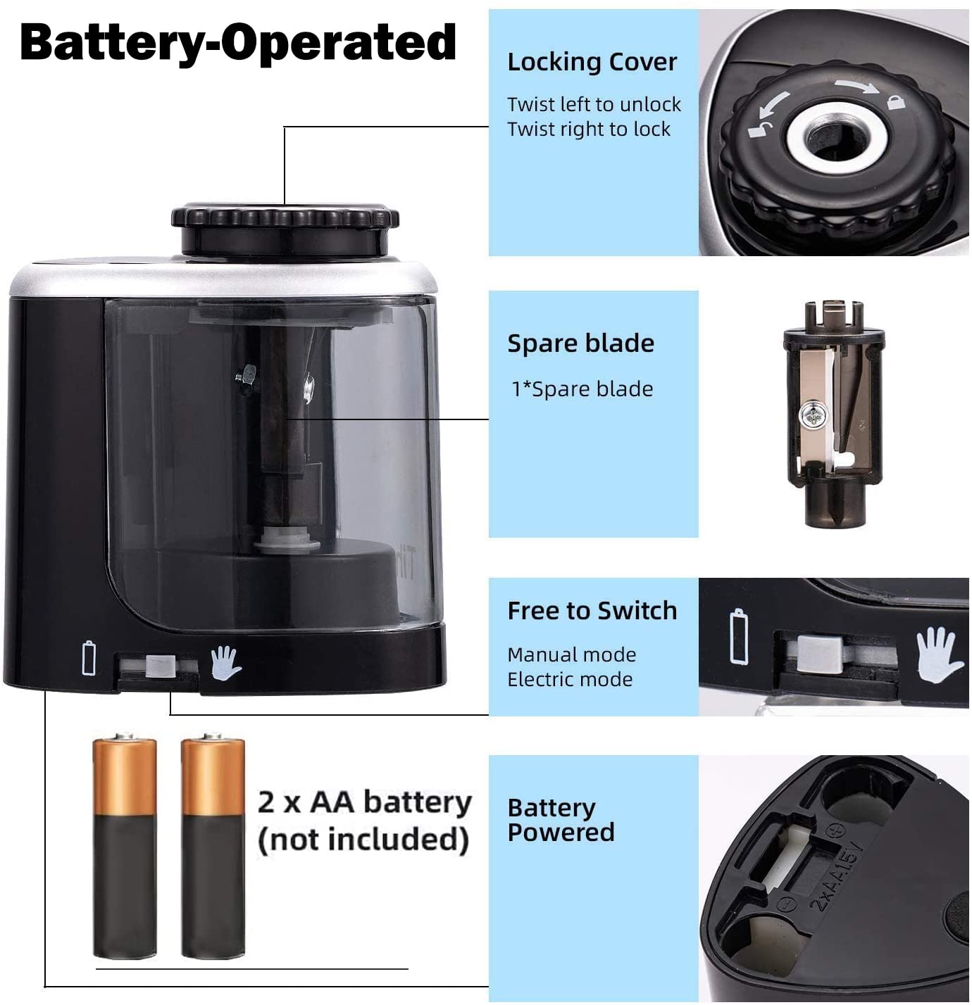 Pencil Sharpener Electric Pencil Sharpener for Kids, Blade to Fast Sharpen, Suitable for No.2/School/Classroom/Office/Home (Black)