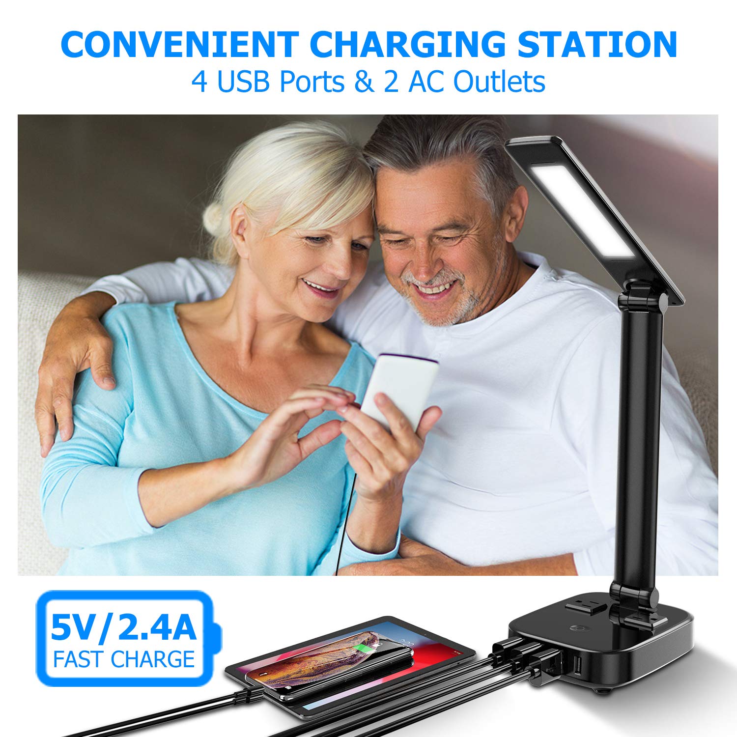 Yostyle LED Desk Table Lamp Light with 4 Surge Protector USB Charging Port and 2 AC Power Outlet, 8.2FT Cord Power Strip Station, 3 Level Brightness, Eye-Caring Foldable Lamp for Bedside Office Hotel