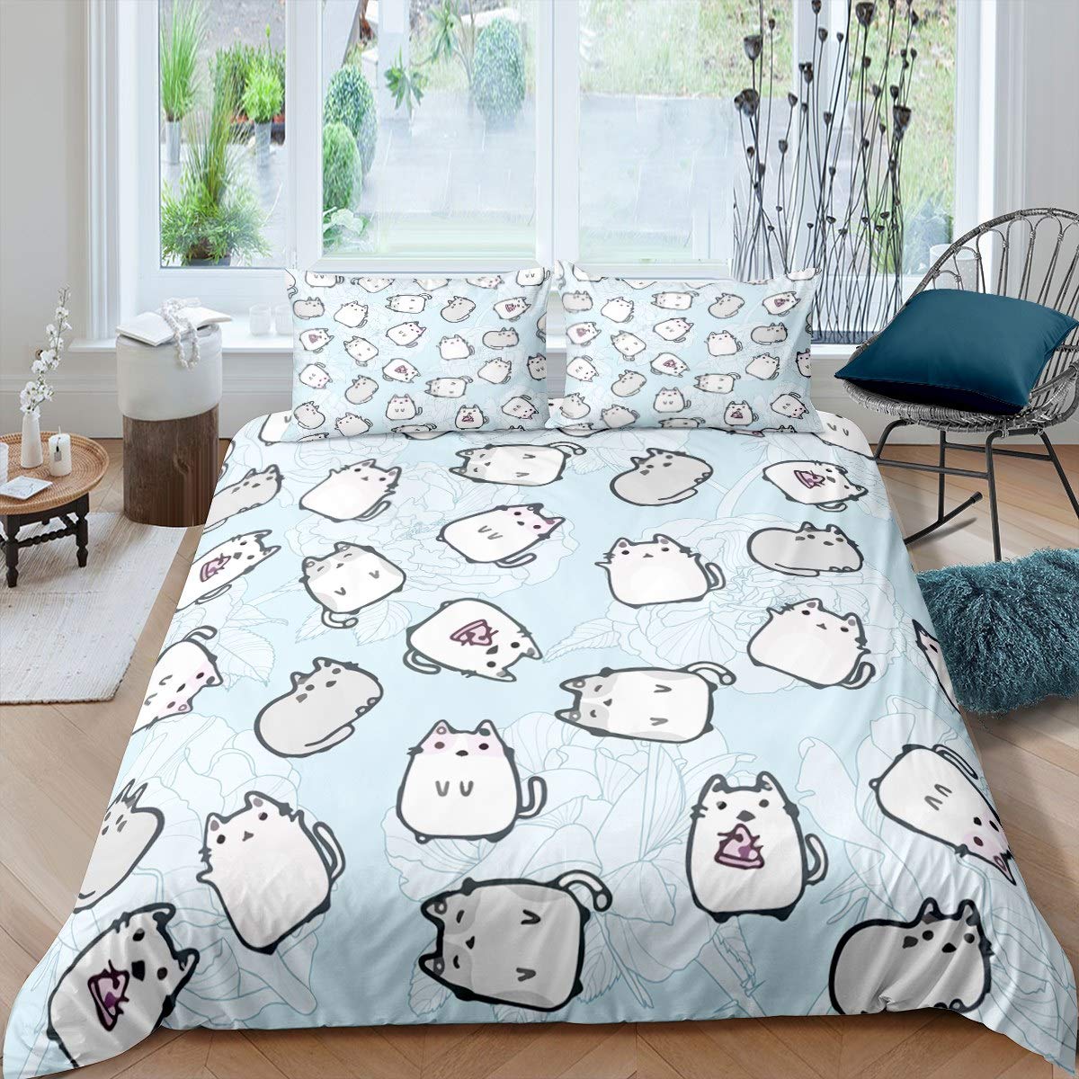 Cartoon Cat Duvet Cover for Little Girls Kids Bedroom Child Cute Animals Printed Comforter Cover Modern Fashion Pet Bedding Kitten Lovely Fat Face Quilt Cover Decor 2Pcs Single