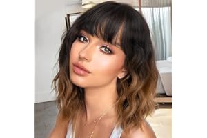 Nnzes Short Wavy Wig with Bangs for Women Shoulder Length Bob Curly Women's Charming Synthetic Wigs with Natural Wavy Black To Brown Heat Resistant Hair for Daily Party Use