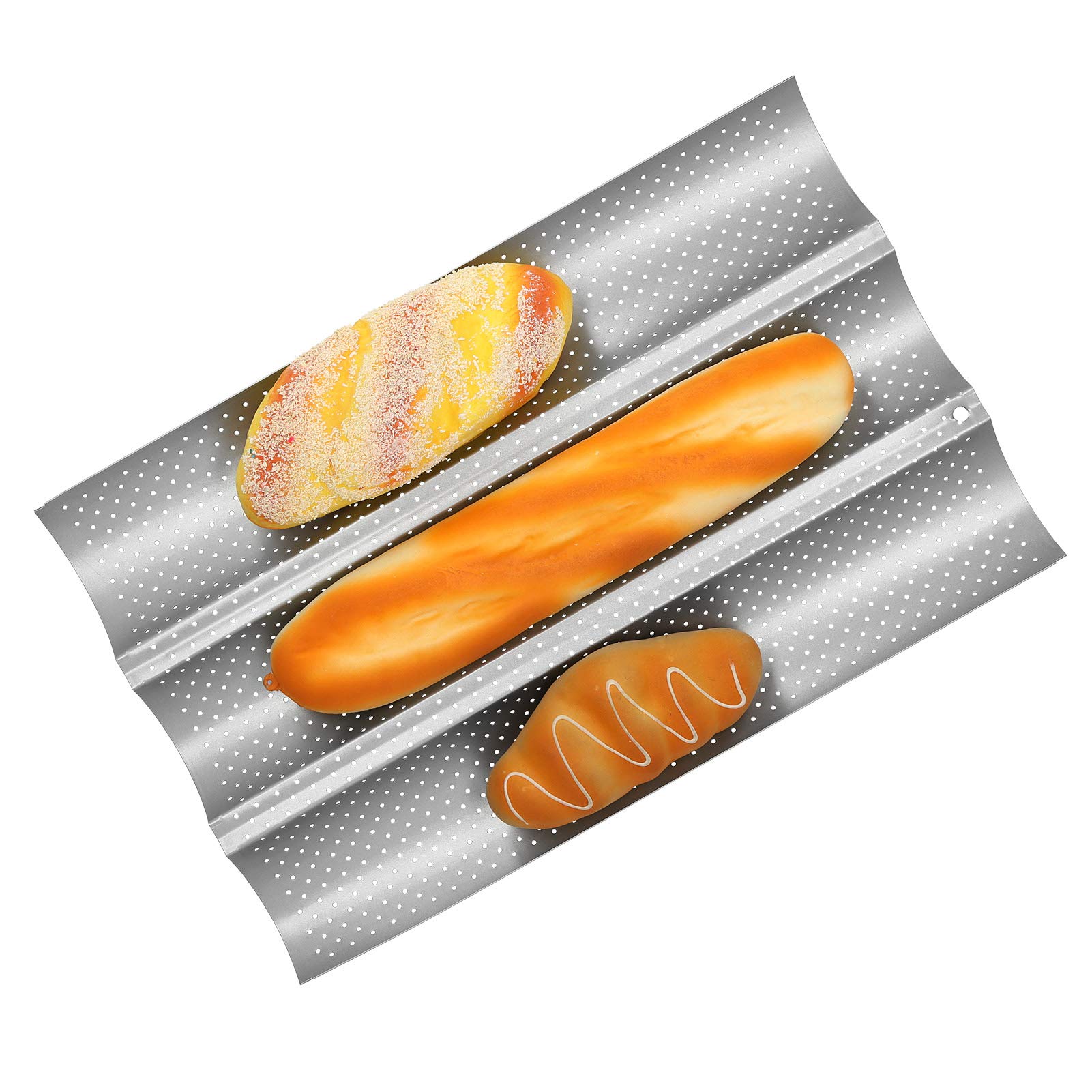 French Bread Pan Thickened Perforated Multi Slot Baguette Baking Pan Non Stick MultiGrooves Waves French Bread Pan Cooking Tray Mould Kitchen Tool (Three Slots)