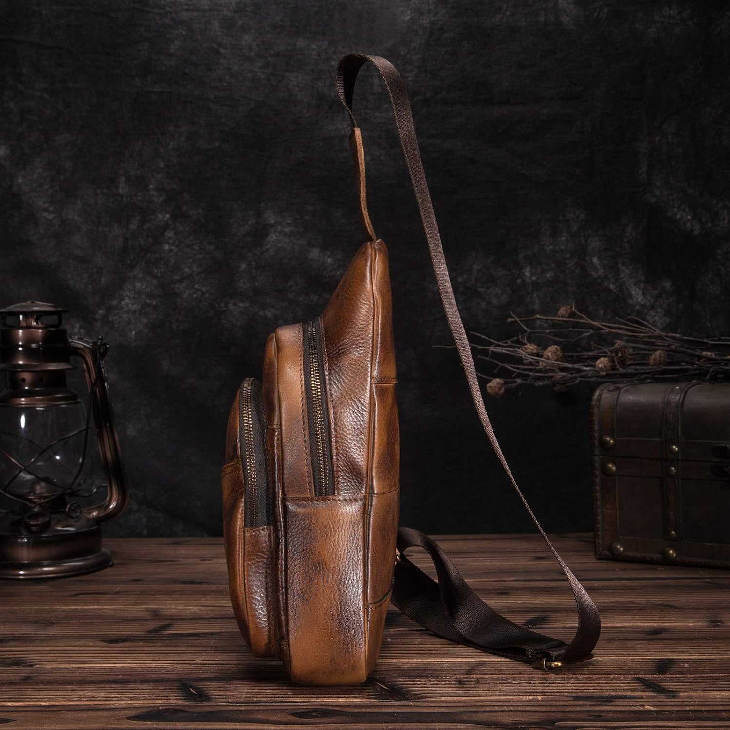 Le'aokuu Mens Outdoor Casual Tea Travel Hiking Crossbody Chest Sling Bag Rig One Shoulder Strap Bag Backpack Men Leather 008 (008 Gold) - Image 4