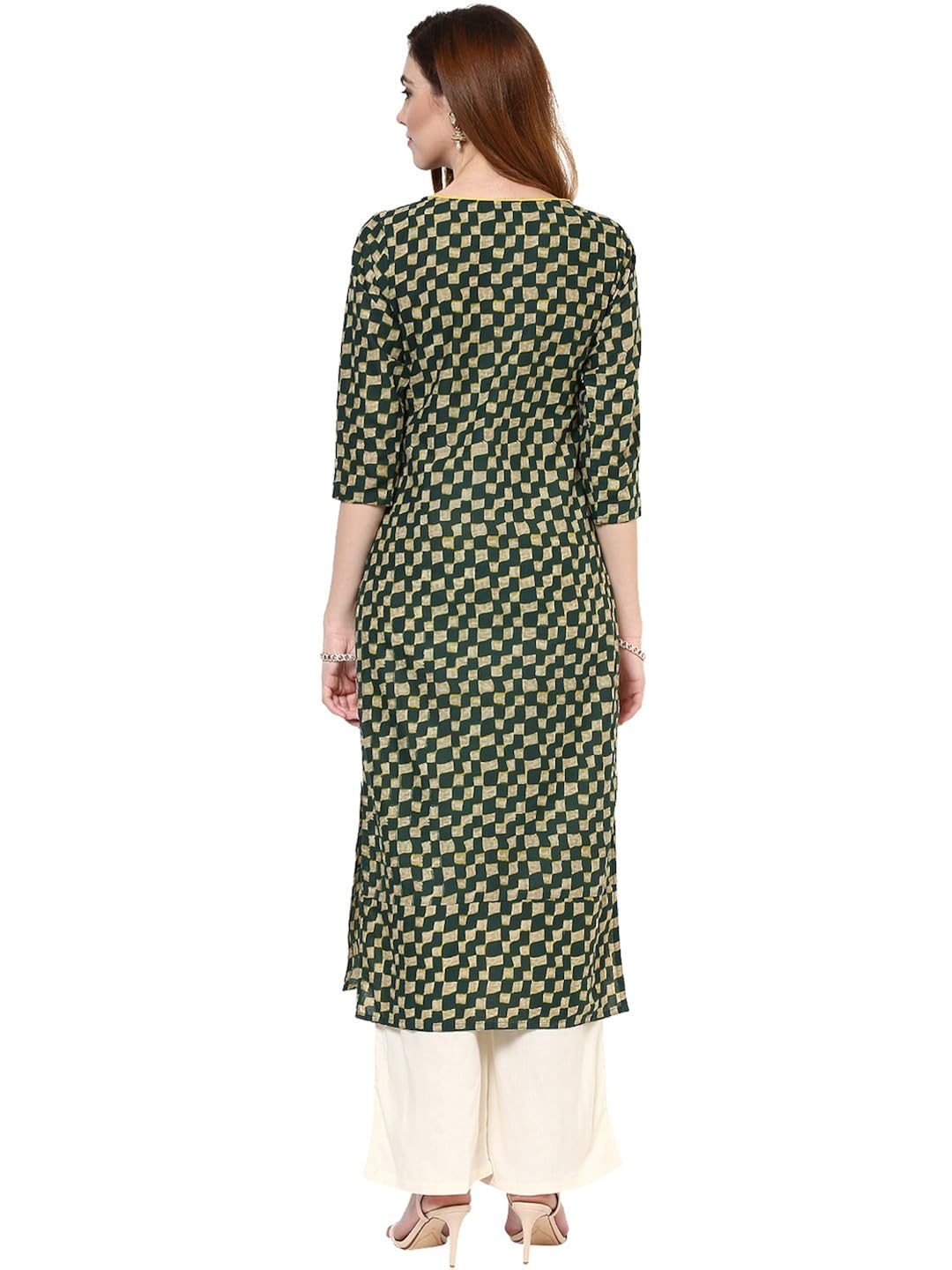jaipur kurti cotton complete set of green kurta and off white rayon palazzo