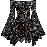 WDIRARA Women's Gothic Print Ruffle Off The Shoulder Dress Long Bell Sleeve Mesh Short Dresses