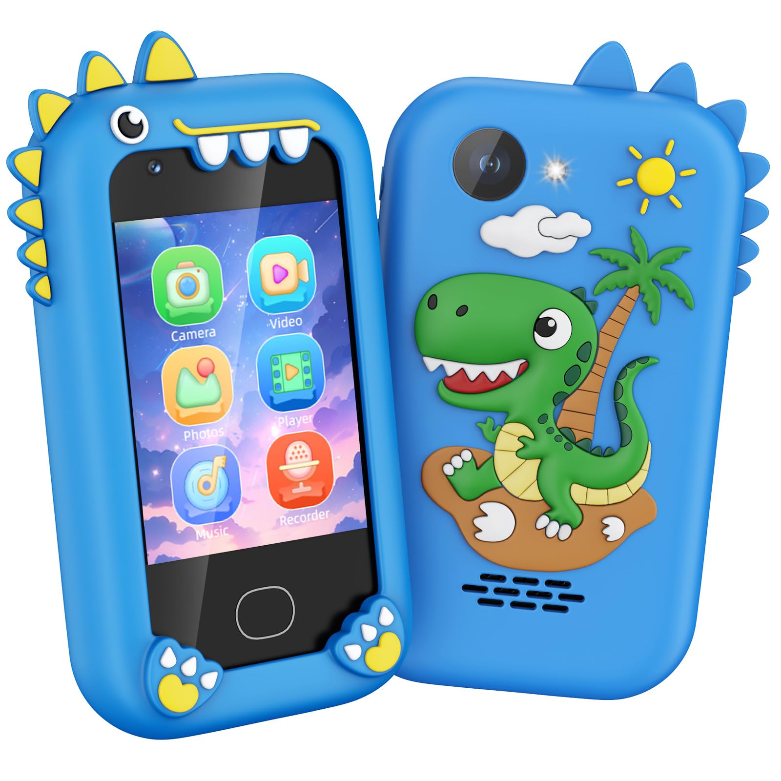 Gocina Kids Smart Phone, Touchscreen Dual Camera Cell Phone for Kids, Birthday Gifts Dinosaur Toddler Phone for Boys 3-10, 32GB(Blue)