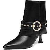 NEWBELLA Women's Pointed Toe Ankle Boots – High Heel Short Booties with Gold Buckle Strap, Slip-On Side Zipper Fashion Dress Boots for Fall Winter
