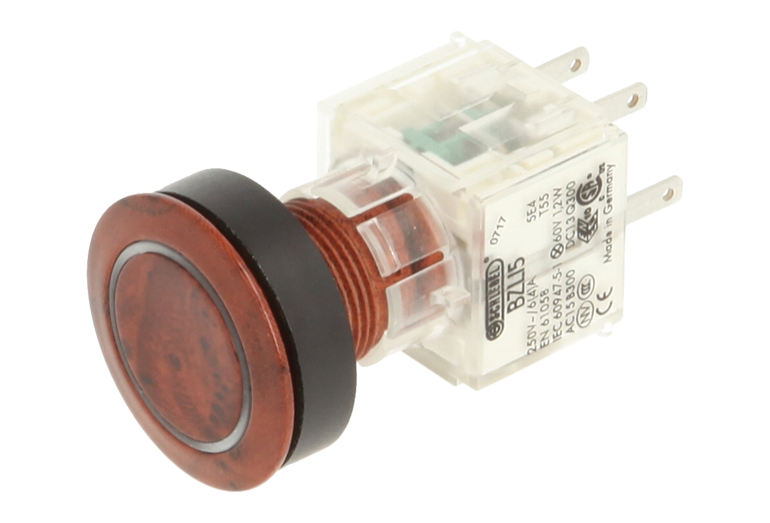 Club 23.000.950 Push Button Walnut Wood Decor, Ring LED Lighting Momentary Contact 1 N/O Contact Socket Type t5,5 K, 24 V, White (Pack of 2)