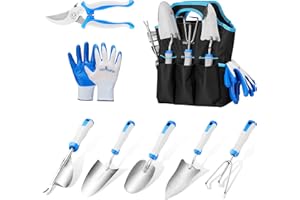 MEANFUN Gardening Tools, 8 Pcs Heavy Duty Stainless Steel Garden Tool Set with Durable Storage Tote Bag, Non-Slip Rubber Grip, Outdoor Gardening Hand Tools, Ideal Gardening Gifts for Men Women Gardener