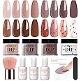 AZUREBEAUTY Floral Dip Powder Nail Kit Starter Fall Winter Nude Brown Grey Dipping Powder Liquid Set with Base Top Coat Activator Dip Dried Flowers for French Nails Art Manicure DIY Salon