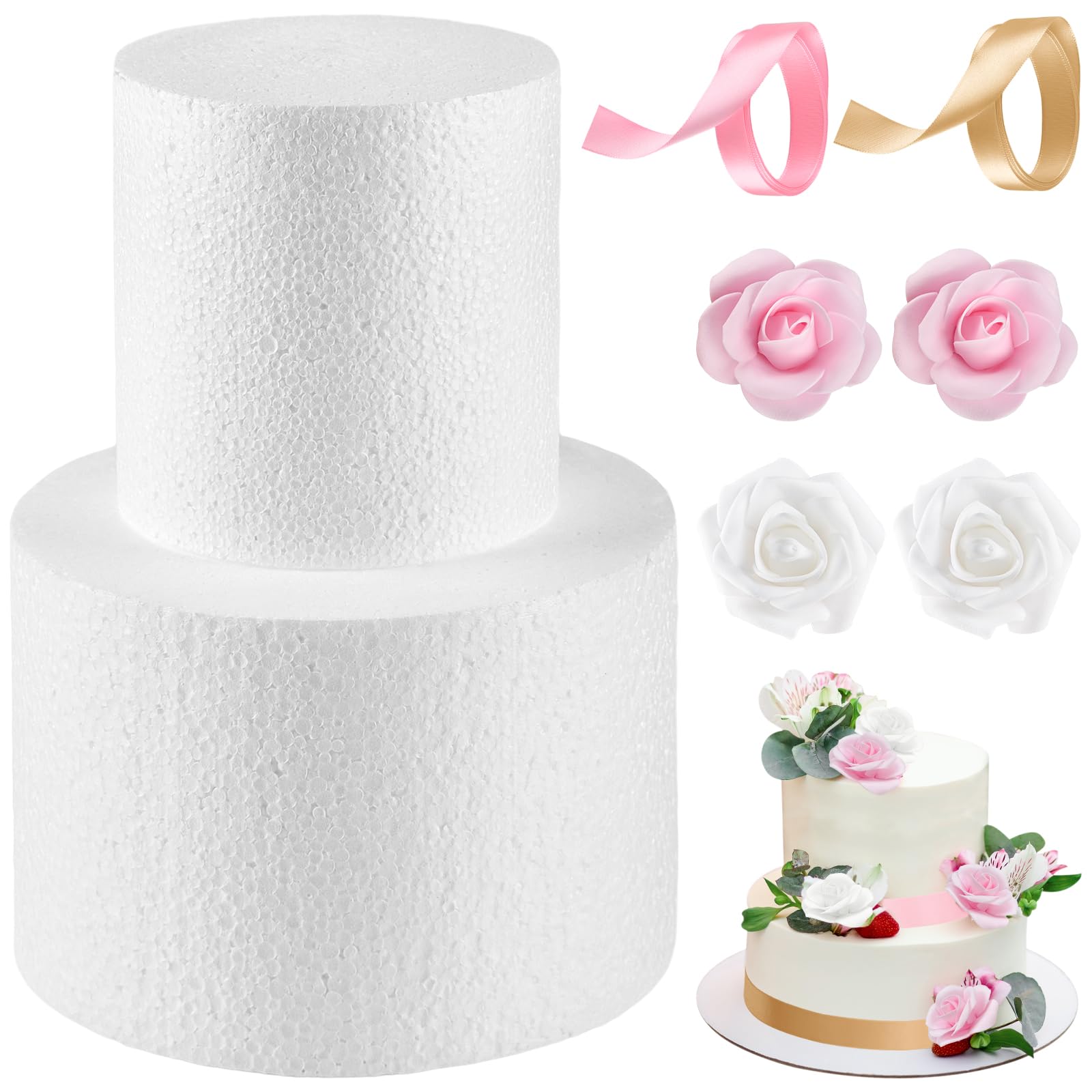 Photo 1 of 2 Tiers Foam Cake Dummies Set 4" 6", PLULON White Round Practice Cake Dummy 8 Inch Tall with Artificial Roses and Ribbons for Wedding Baby Shower Birthday Anniversary Christmas Party Supplies