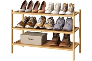 kiplant 3-Tier Shoe Rack for Closet, Bamboo Wood Shoe Rack for Indoor & Outdoor, Stackable Shoe Organizer for Entryway (Natural, 3-Tier)