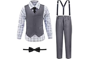 LOPEN STU Boys' Suit Kids Formal Tuxedo Suits for Boys Wedding Outfits Dress Vest Pants Suspenders Set Adjustable Waist