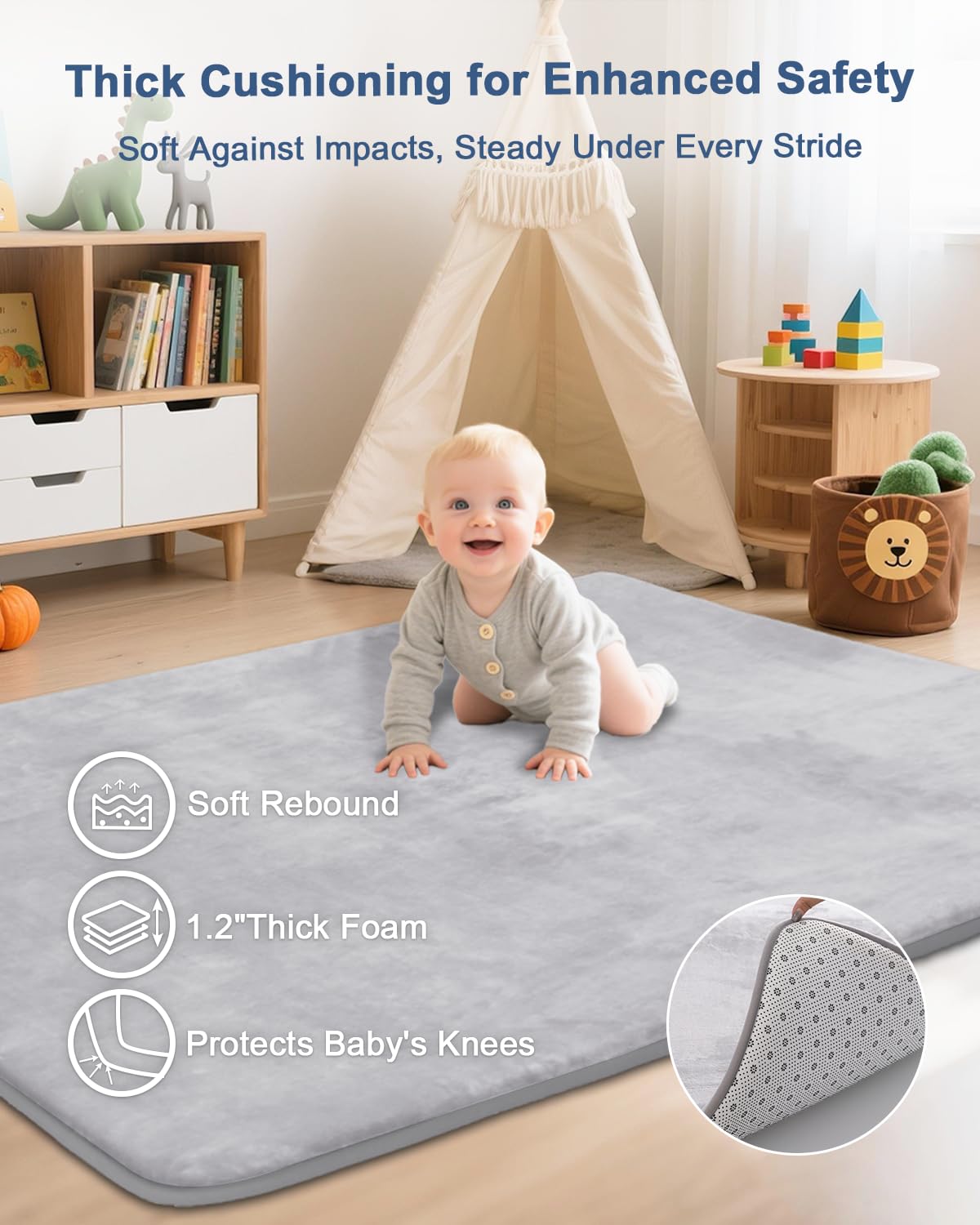 SEPARO Thick Baby Play Mat for Floor,50 x 50 Playpen Mat,Tummy Time Foam Mats,Ultra Soft Support & Plush Feel,Easy Care with Non-Slip Cushioned for Infant,Kids and Toddler Crawling,Grey