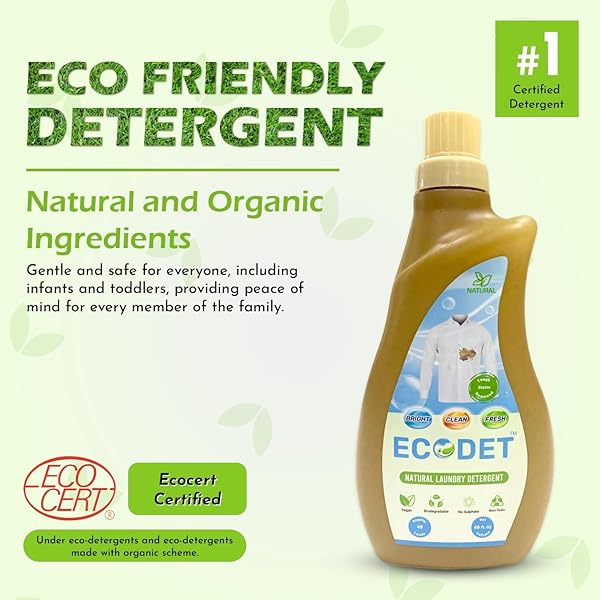 ECODET NATURAL LIQUID LAUNDRY DETERGENT | 40 OZ (PACK OF 1) | PLANT-BASED BIODEGRADABLE FORMULA | HE COMPATIBLE | ODOR & STAIN REMOVAL | ECO-FRIENDLY, SAFE FOR KIDS & PETS | SUSTAINABLE PACKAGING
