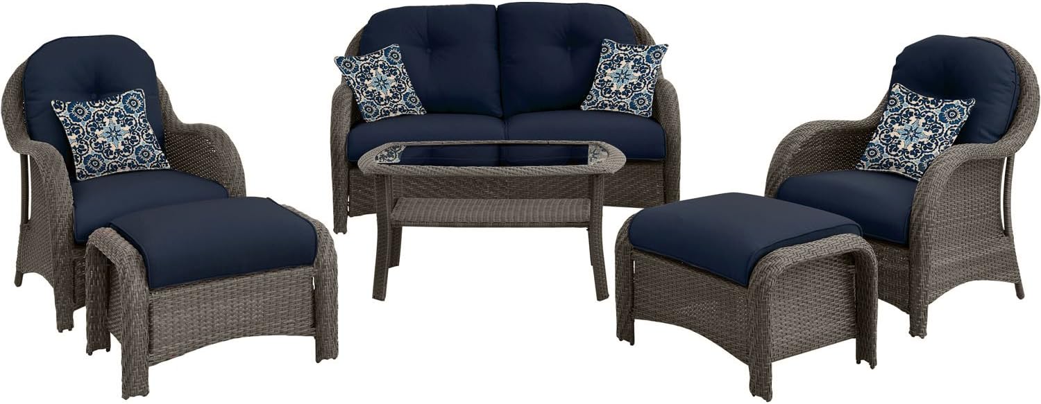 Amazon Com Hanover Outdoor Newport 6 Piece Woven Seating Set Navy Blue Garden Outdoor