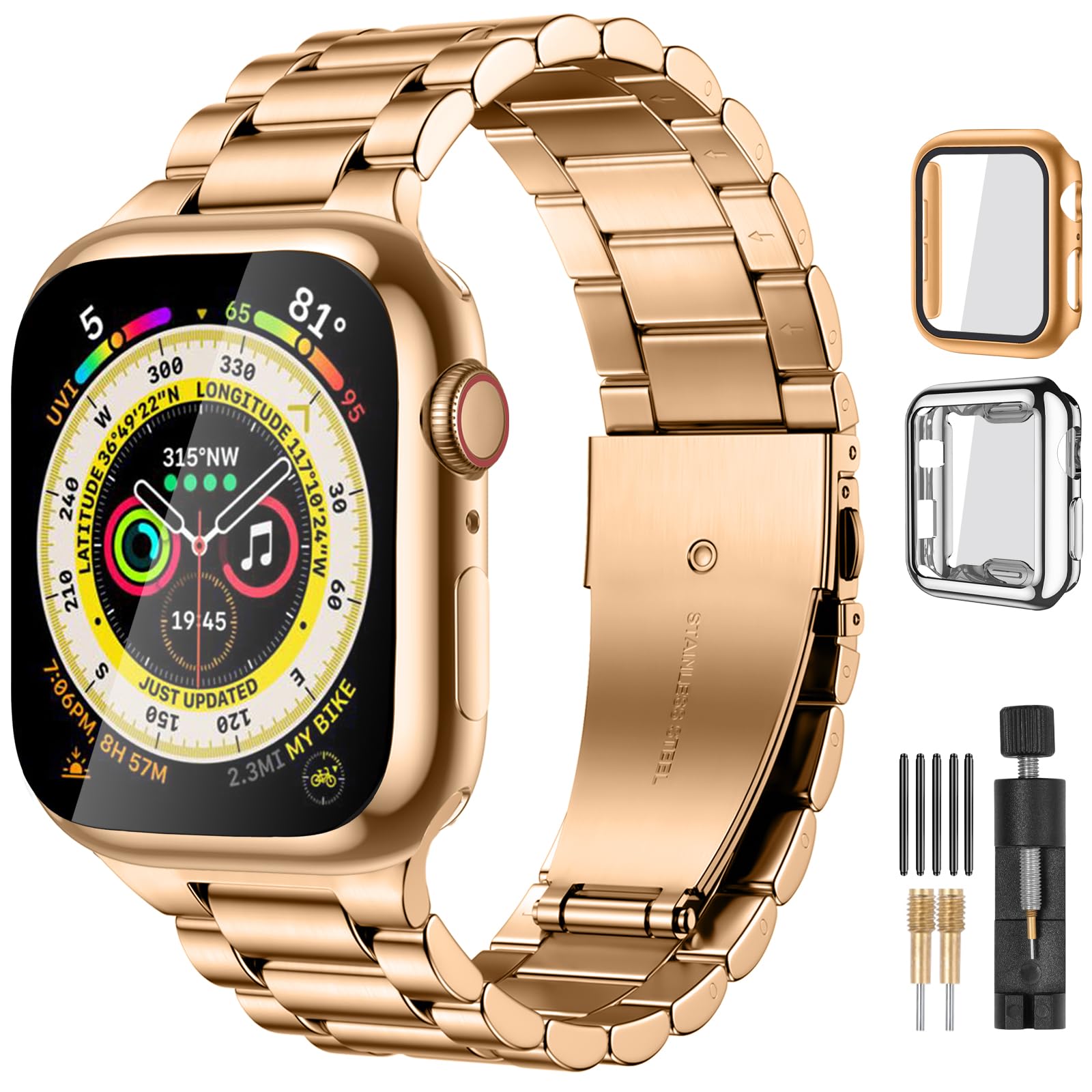Lerobo Compatible for Apple Watch Band 42mm 44mm 45mm 49mm 41mm 40mm 38mm,Stainless Steel Metal Band for Apple with 2 Pack Protective Cases for iWatch Series 9 8 7 6 5 4 3-1 SE Ultra/Ultra2 Men Women